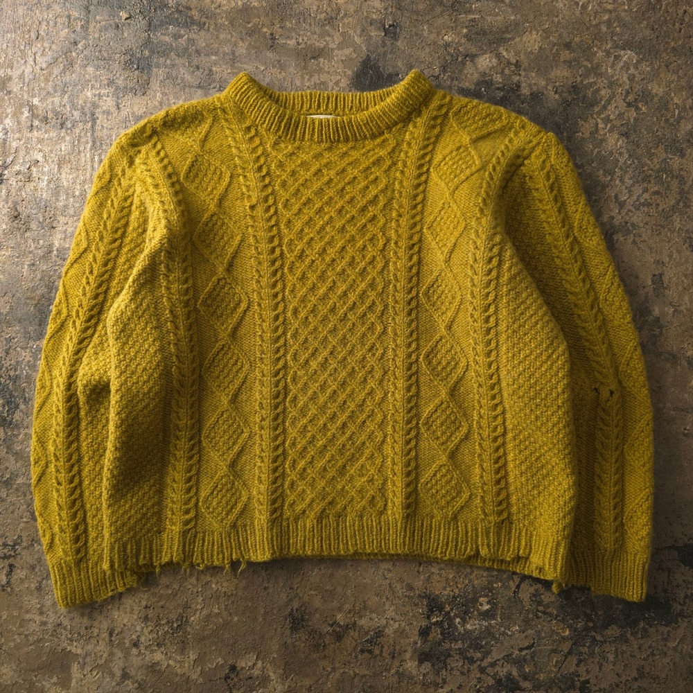 Vintage 70s Olive Green Cable Knit Wool Sweater Large Hand Dyed Distressed